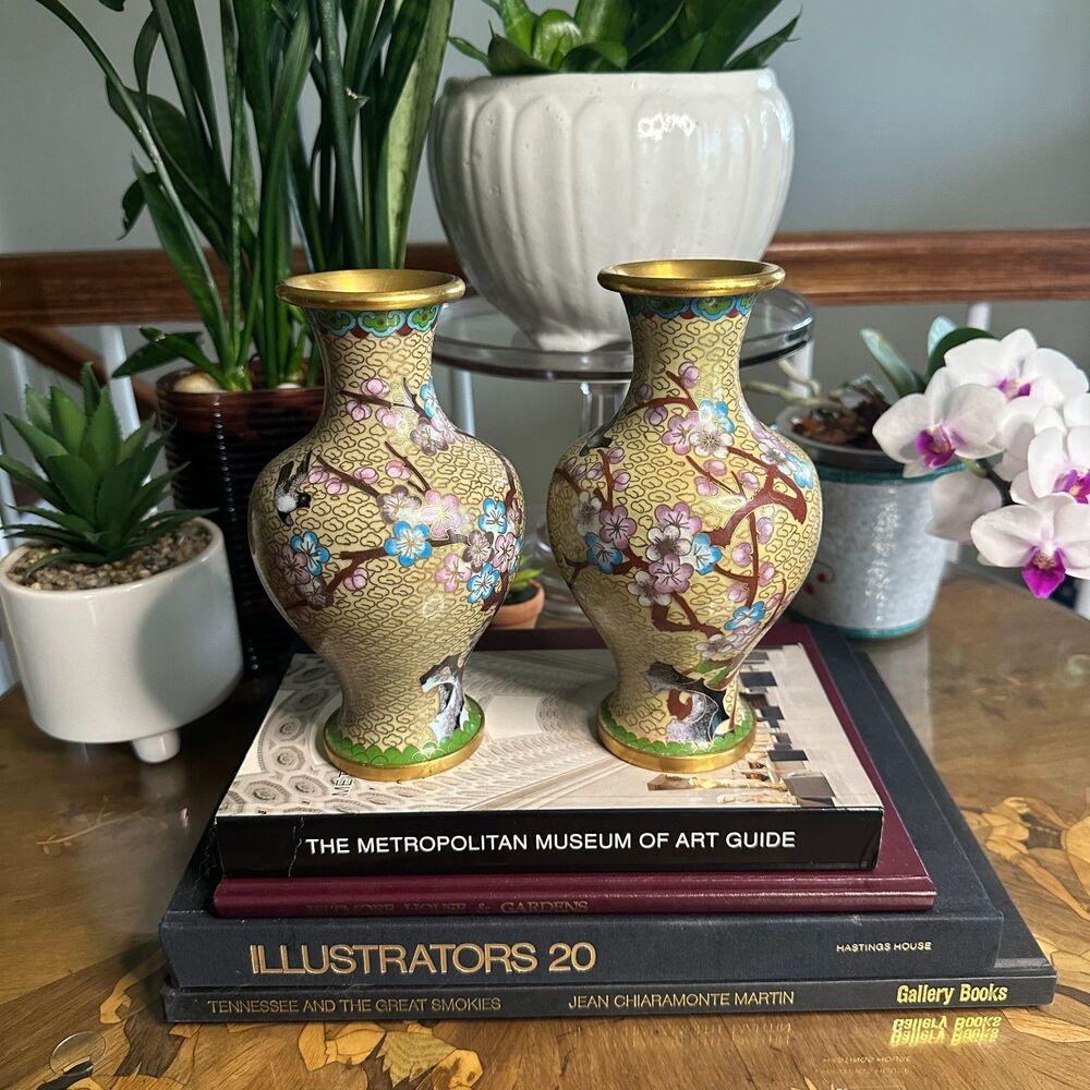 Vintage Pair Cloisonne Vases Cherry Blossoms & Birds